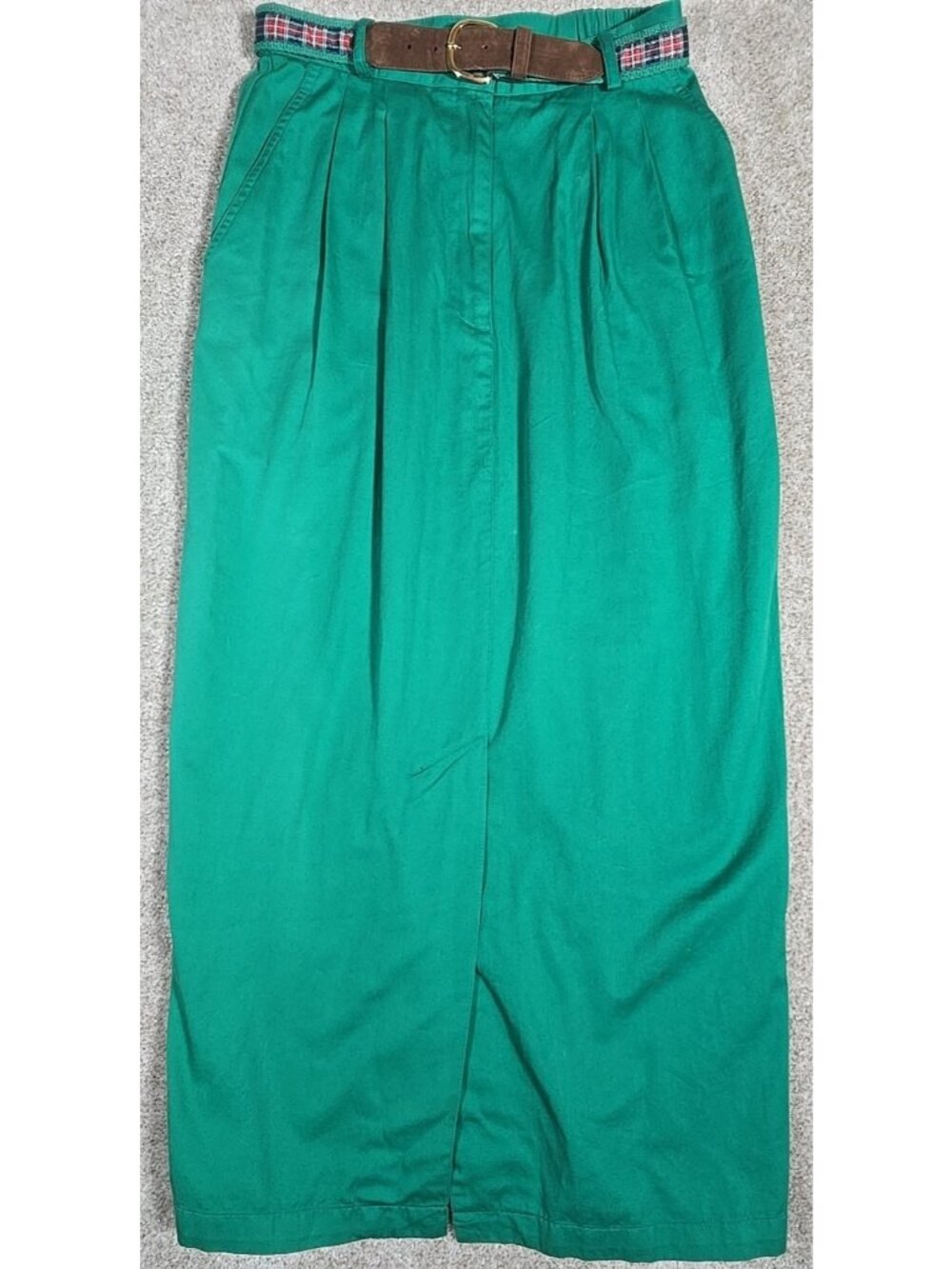 Susan Bristol Long Pencil Skirt Kelly Green & Plaid Belt 100% Cotton Women's 6